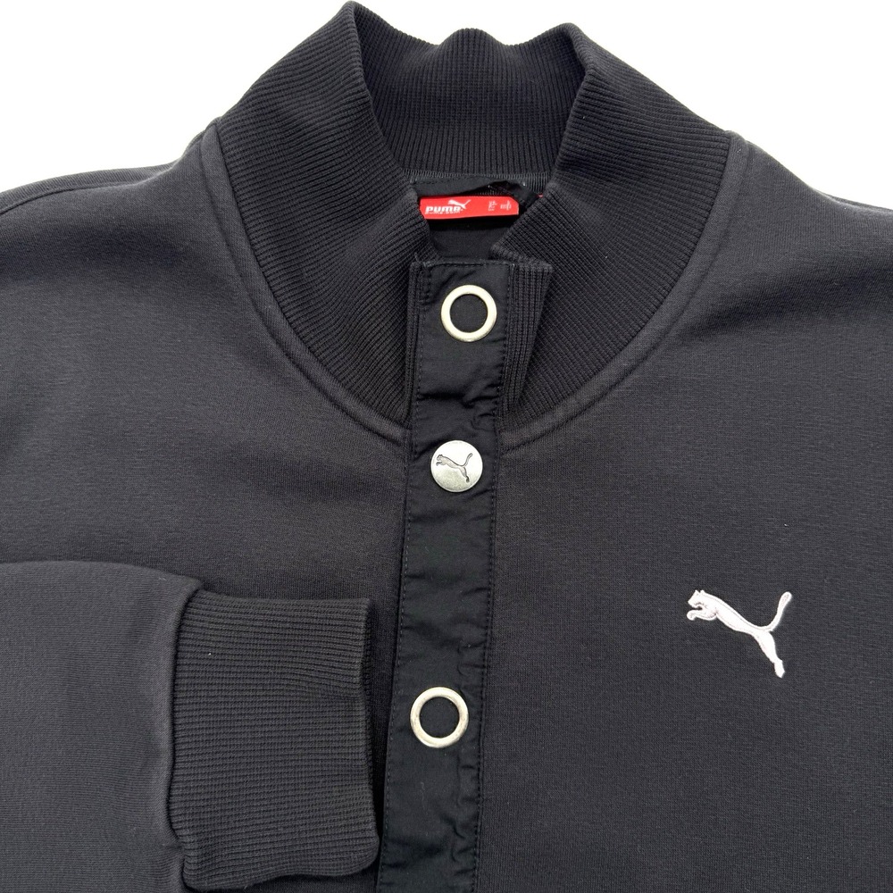 Puma Track Jacket Mens L Black Snap Front Varsity Bomber Elbow Patches 809565